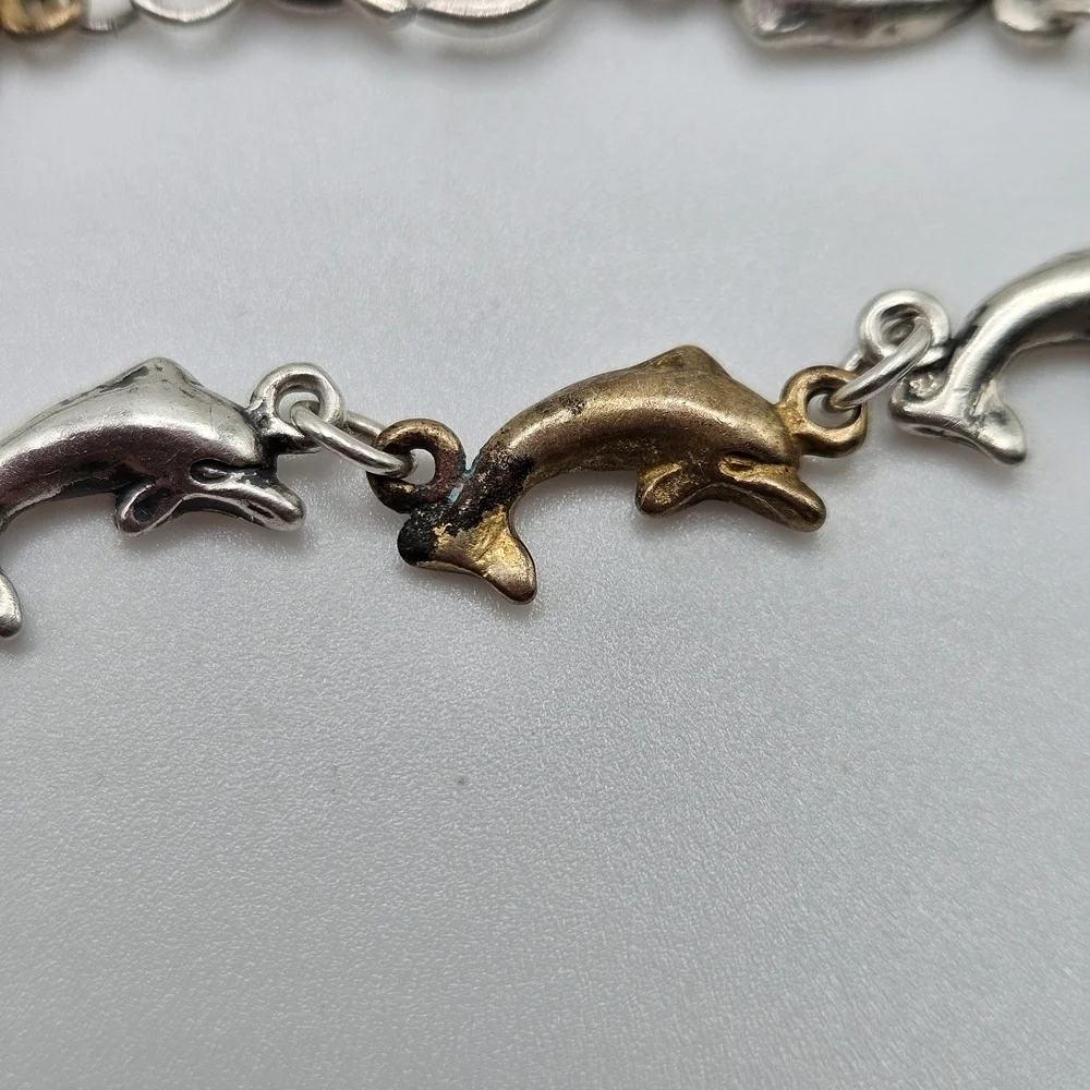 VINTAGE Sterling Silver 925 Silver & Gold Tone Leaping Dolphin Link Bracelet